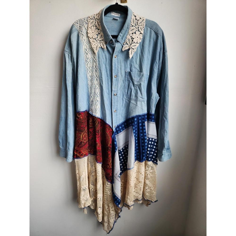 Wicked Stitch Of The West Patchwork Denim Shirt Tunic Lace Boho  XXL artisan